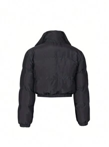 Chaqueta cálida con cuello corto y cremallera, de estilo europeo y americano para mujeres - Negro - Ver 2