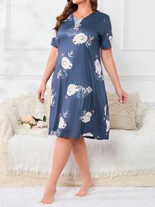 Plus Floral Print Nightdress - Blue - View 4