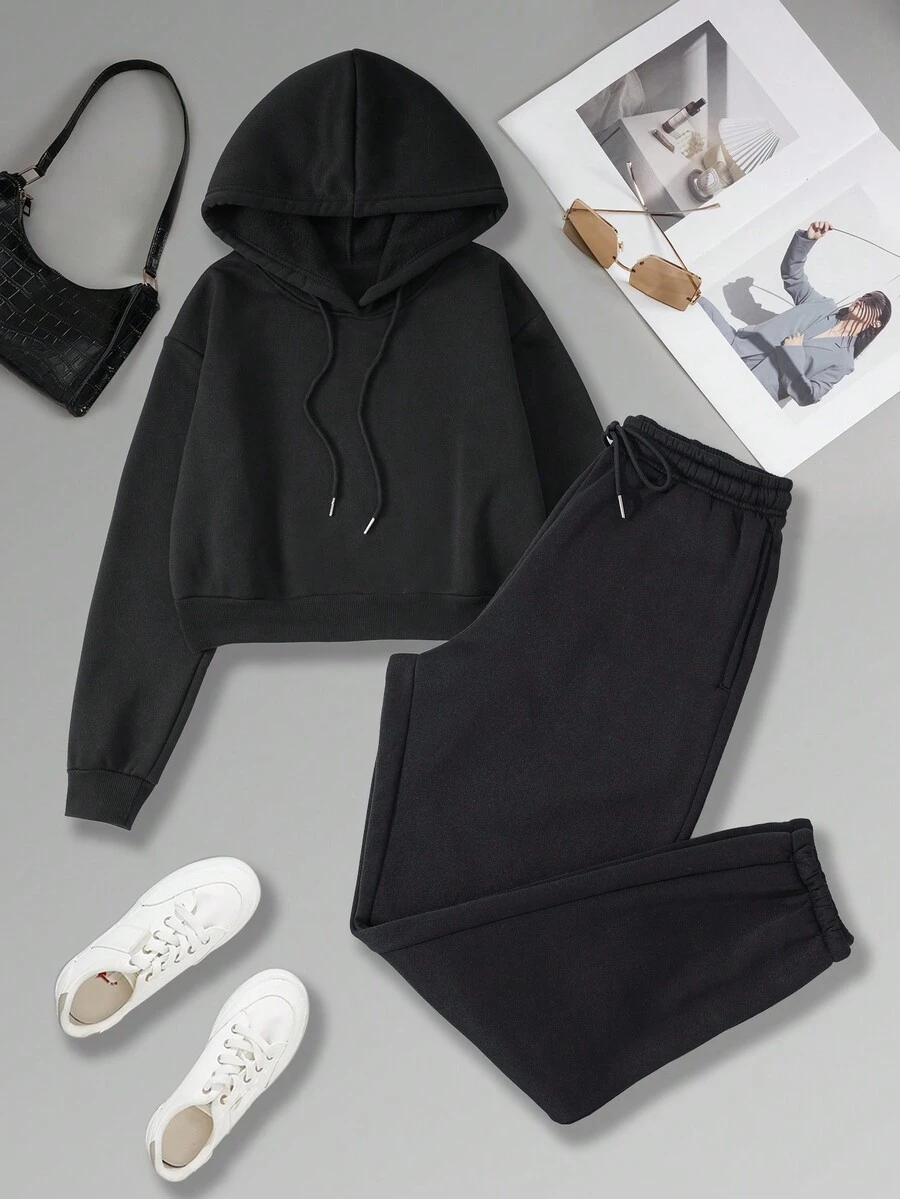 SHEIN EZwear 加絨內裏抽繩連帽衫和運動褲 - 黑色 - 查看 1