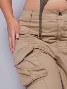 Flirla 大碼側翻蓋口袋工裝褲 - 卡其色 - 查看 3