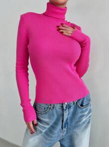 DAZY Turtleneck Ribbed Knit Sweater,Fall Women Clothes - Hot Pink - View 3