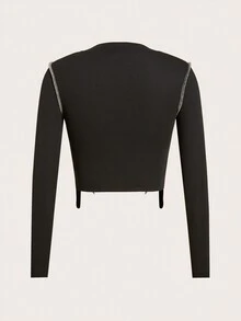 SHEIN ICON Letter Graphic Top-stitching Asymmetrical Hem Crop Tee - Apricot - View 2