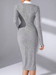 SHEIN Essnce Viền tương phản Nút Thông qua Đồ đan Ribbed Váy bodycon - màu xanh lá - Xem 2