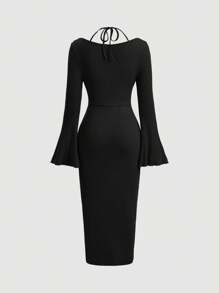 SHEIN MOD Draped Collar Bell Sleeve Ruched Asymmetrical Hem Long Black Bell Sleeves Halter Neck Dress - Black - View 2