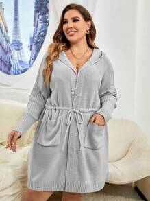 SHEIN LUNE Plus Drawstring Waist Dual Pocket Drop Shoulder Hooded Cardigan - Grey - View 6