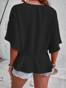 SHEIN LUNE Solid Batwing Sleeve Peplum Blouse - Black - View 2