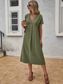 SHEIN LUNE 素色蝙蝠袖直筒洋裝 - 綠色 - 查看 5