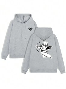 Manfinity Hypemode Men 1pc Heart & Angel Print  Pocket Drawstring Hoodie, Grey Graphic Hoodie, Men Hoodie, Cupid Hoodie - Light Grey - View 1