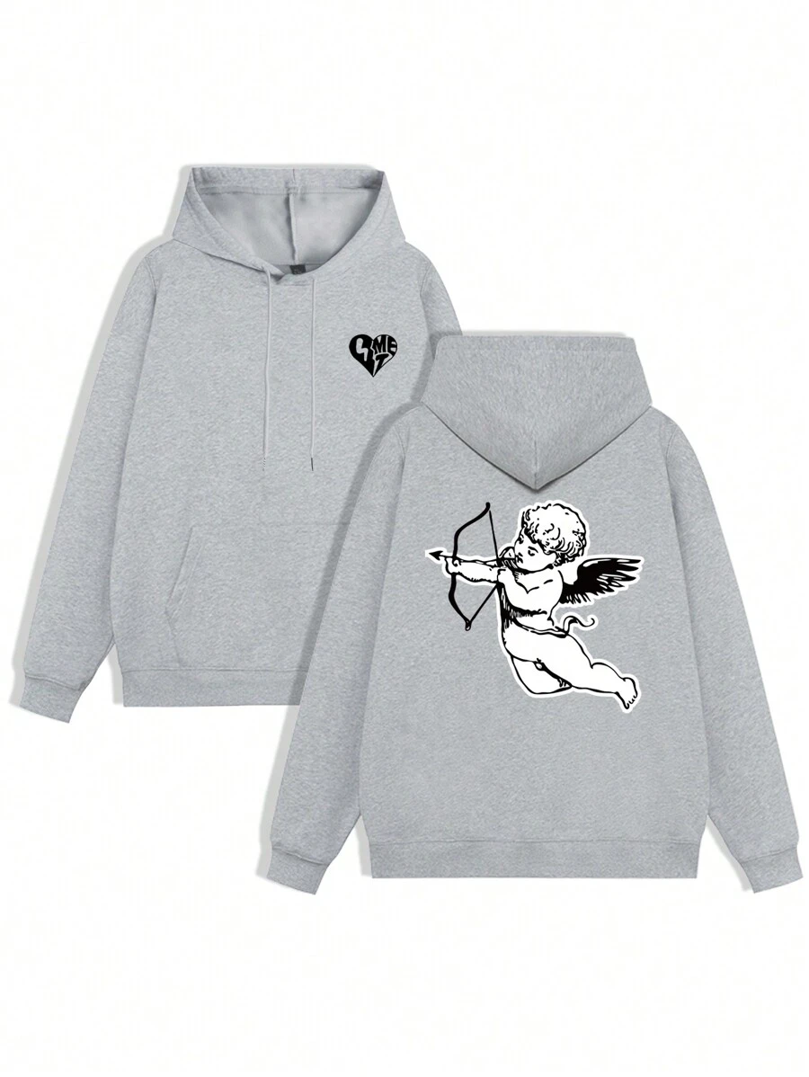 Manfinity Hypemode Men 1pc Heart & Angel Print  Pocket Drawstring Hoodie, Grey Graphic Hoodie, Men Hoodie, Cupid Hoodie - Light Grey - View 1