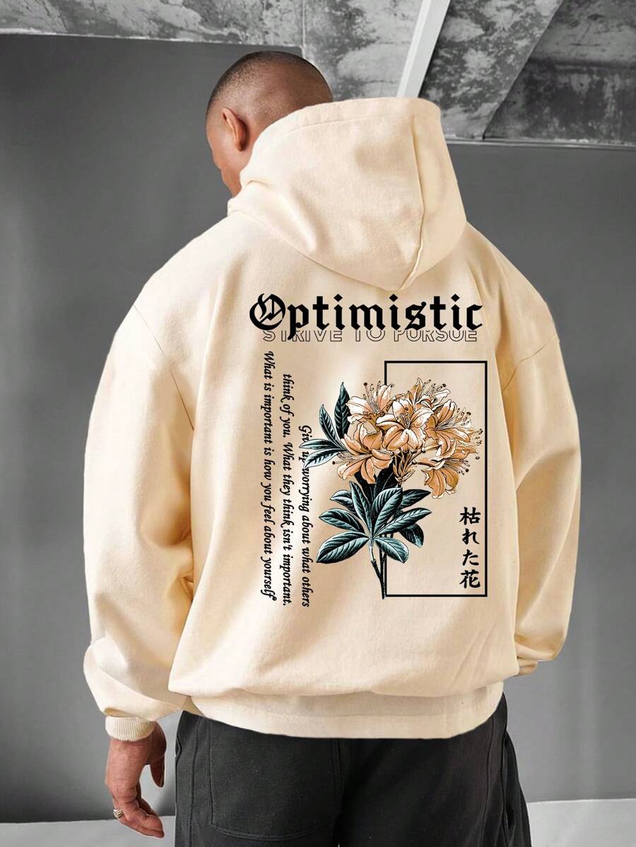 Manfinity EMRG 1 Miếng Nam Đồ họa hoa & khẩu hiệu Túi kangaroo Dây rút Áo hoodie ấm áp - Màu be - Xem 1