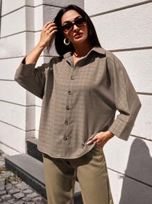 EURMUSE Plaid Print Drop Shoulder Shirt & Pants - Camel - View 4