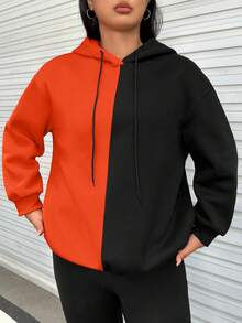 SHEIN EZwear 加大码双色卡通图案落肩卫衣 - 橘色 - 查看 5