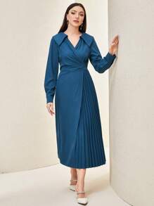 Modelyn 素色百褶細節前圍裹洋裝 - 藏蓝色 - 查看 6