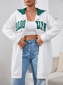 SHEIN EZwear Hơn Đồ họa Chữ cái Dây kéo Thả vai Áo nỉ - trắng - Xem 4