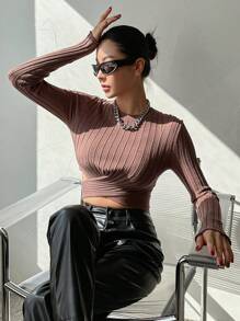 Dazy Star Áo len dệt kim cắt xẻ phía trước, lưng khoét chéo màu trơn, quần áo nữ mùa thu - màu nâu - Xem 2