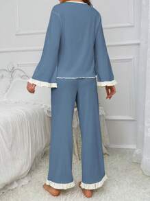 撞色饰边荷叶边袖荷叶边下摆睡衣套装/睡衣套装 - 藍色 - 查看 2