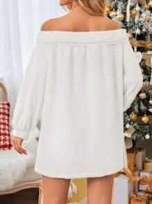 SHEIN Essnce Off Shoulder Lantern Sleeve Teddy Dress - White - View 4