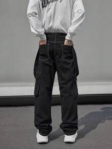 Manfinity 男士頂針側翻蓋口袋牛仔連身褲不帶T恤 - 黑色 - 查看 2