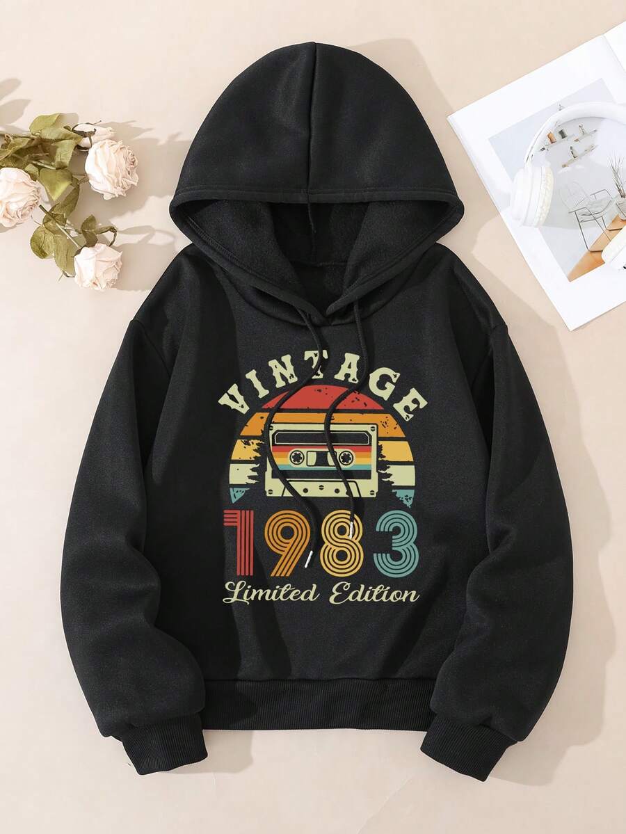SHEIN EZwear Băng âm thanh Và Đồ họa Chữ cái Dây rút Lót nhiệt Hoodie - màu đen - Xem 1