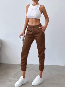 EURMUSE Women'S Elastic Waist Flap Pocket Tapered Joggers