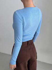 DAZY Chất rắn Vòng cổ Áo phông Crop - Màu xanh nhạt - Xem 2