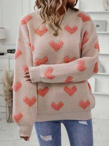 SHEIN Privé Heart Pattern Drop Shoulder Sweater - Multicolor - View 4