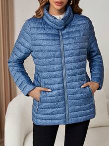 拉链斜口袋夹棉大衣 - 淺藍色 - 查看 5