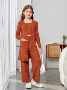 SHEIN Cô gái Tween 1 Miếng Túi Kép Mở Mặt trước áo & 1 Miếng Cami ngọn & 1 Miếng Quần - Rỉ Nâu - Xem 3