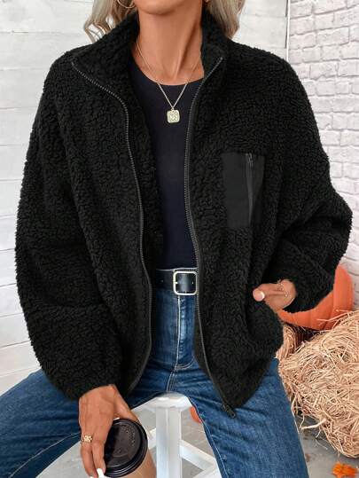 SHEIN LUNE Zip Up Drop Shoulder Teddy Jacket In Fall/Winter