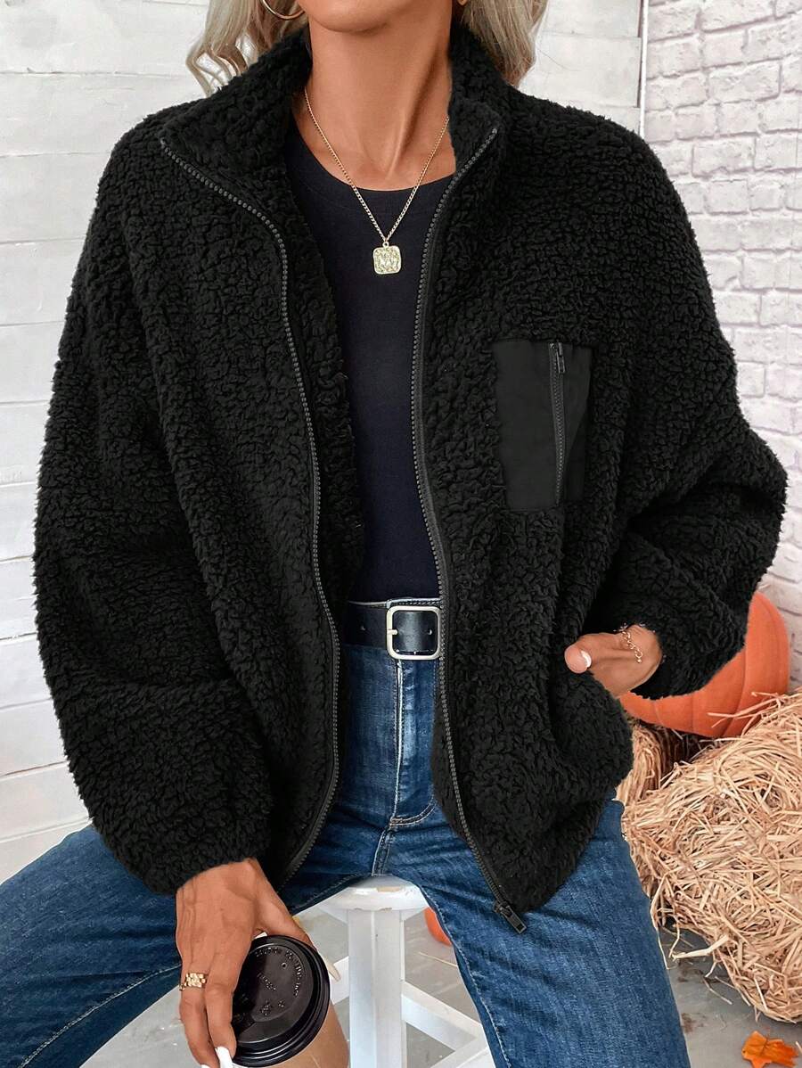 SHEIN LUNE 秋冬季拉链落肩泰迪熊外套，休闲款 - 黑色 - 查看 1