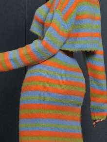 條紋圖案高衩針織短裙 - 彩色 - 查看 3