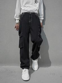 Manfinity 男士頂針側翻蓋口袋牛仔連身褲不帶T恤 - 黑色 - 查看 7