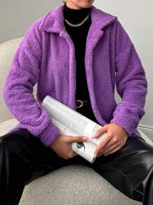 EURMUSE Women's Solid Color Drop Shoulder Long Sleeve Fleece Jacket With Pockets, Comfortable Regular Fit For Winter - Purple - View 5