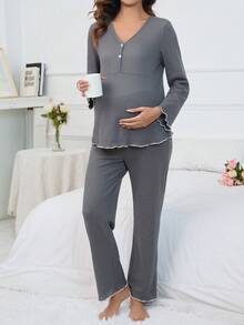 SHEIN Maternity Lettuce Trim Lounge Set - Grey - View 3