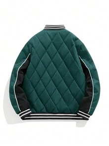 Men Letter Patched Striped Trim Quilted Coat - Army Green - View 2