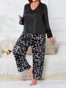 大碼豹紋印花蕾絲拼接睡衣套裝 - 彩色 - 查看 1