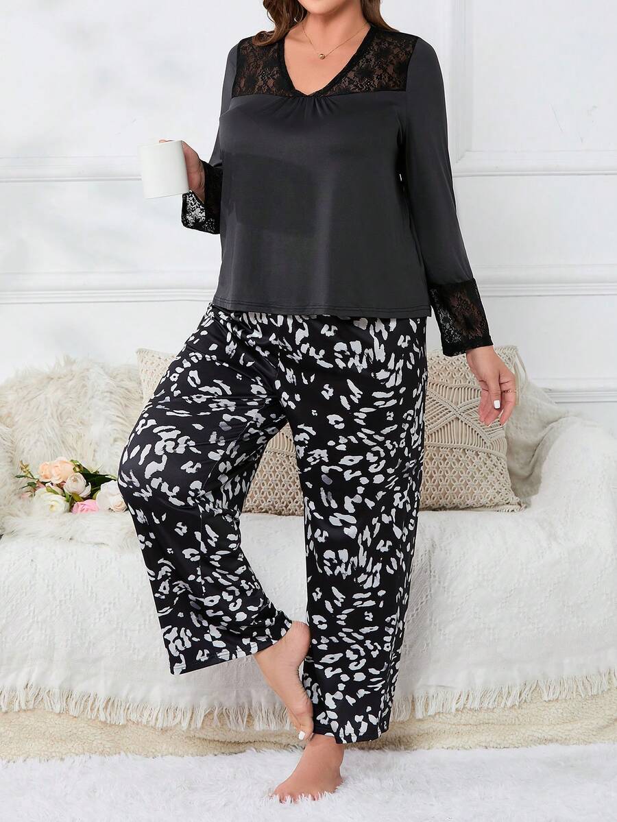 大碼豹紋印花蕾絲拼接睡衣套裝 - 彩色 - 查看 1