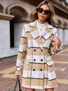 SHEIN Clasi 格紋印花西裝領雙排釦花呢外套 - 彩色 - 查看 5