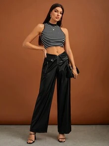 SHEIN Tall Gập eo Dây kéo bay chất liệu da PU Quần ống rộng - màu đen - Xem 4