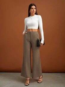 SHEIN Tall High Waist Striped Flare Leg Pants - Khaki - View 4