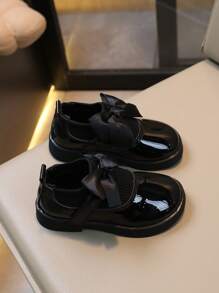 Kids' Comfortable Soft Sole Flat Shoes With Big Bow, Black Pu Leather - Black - View 2