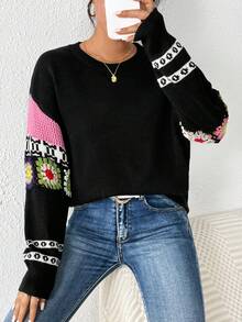 SHEIN LUNE 花卉圖案和幾何圖案落肩袖套頭毛衣 - 黑色 - 查看 5