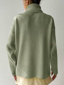 EURMUSE Turtleneck Drop Shoulder Sweater - Olive Green - View 2