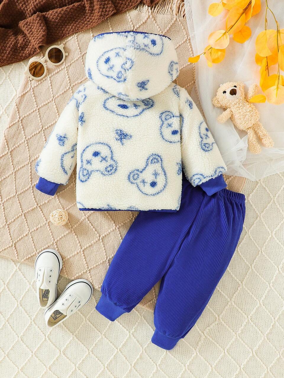Baby Boys' Blue Pants And Teddy Bear Print Hooded Fleece Jacket Set