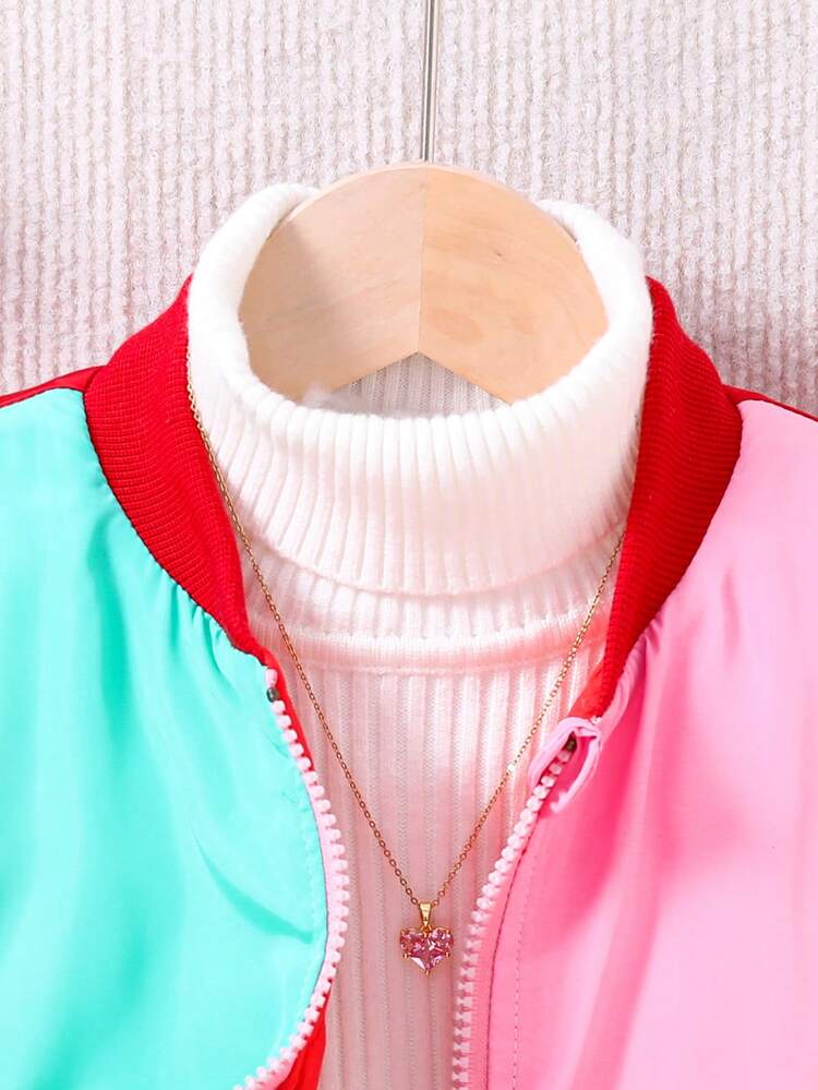 Young Girl 1pc Color Block Baseball Collar Flap Detail Padded Coat