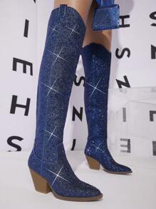 SHUZIA Bestseller Women's Luxury Rhinestone OTK Deep Blue Cowboy Boots:Mysterious Elegance, Noble Classic, Versatile&Sexy Mother's Day Present
