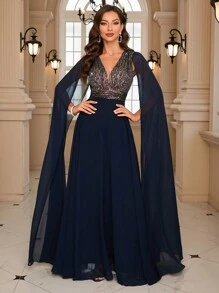 UNITHORSE Contrast Sequin Cloak Sleeve Prom Dress Elegant Long Sleeve Formal Evening Wedding Guest Gown, For Graduation, Dinner Party Dress - Navy Blue - View 4