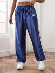 SHEIN EZwear Women Pants Kolor Ditambal Kantong Huruf Casual - Navy Blue - View 5