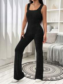 SHEIN EZwear Spring Black Y2k Solid Ribbed Knit Flare Leg Jumpsuit - Black - View 5