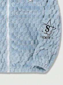 ROMWE MEN Street Life Men Letter Embroidery Zip Up Teddy Jacket, For Fall Winter - Blue - View 6